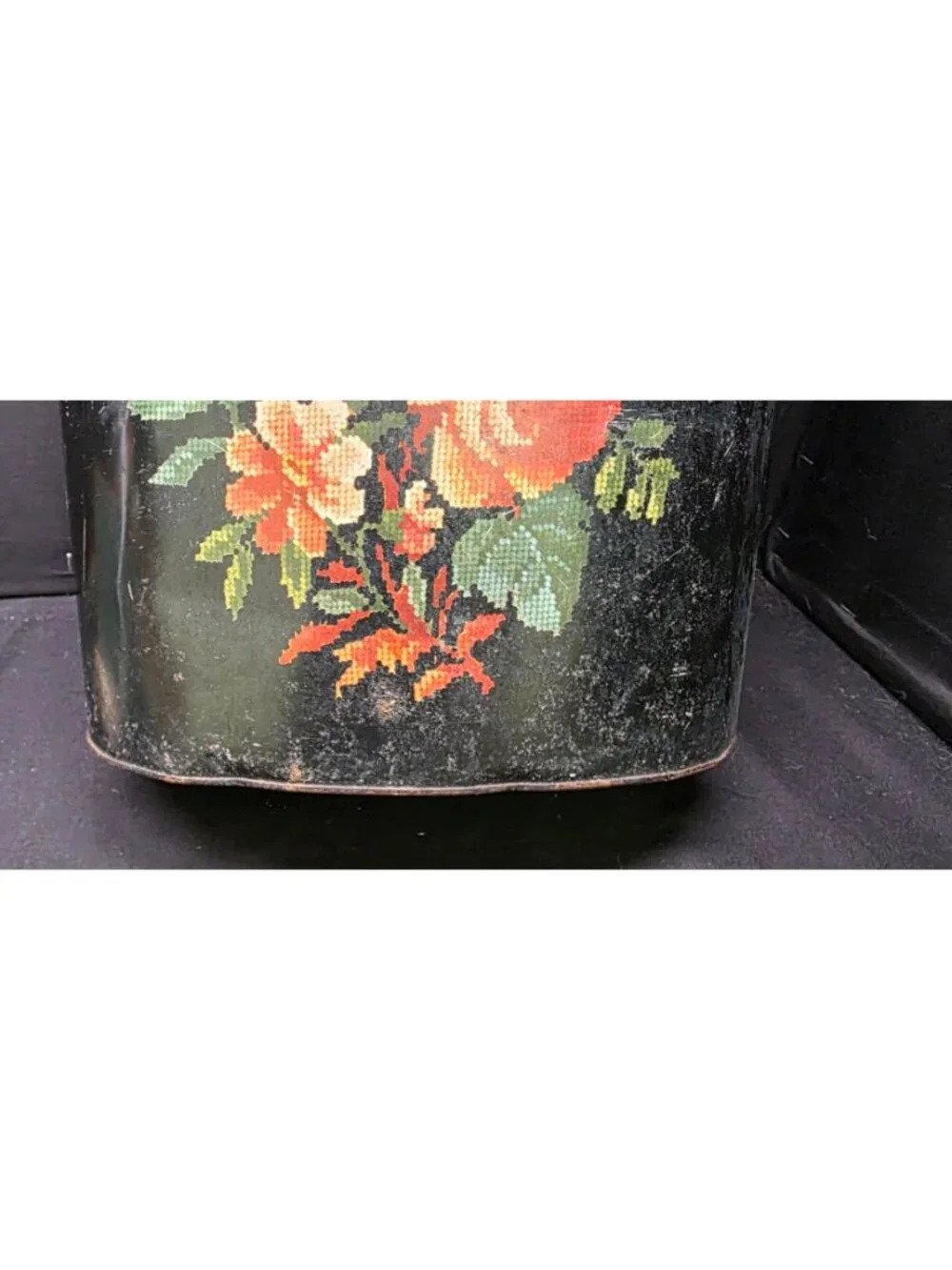 RARE Vintage Harvell MCM Metal Wastebasket Faux NEEDLEPOINT Floral Cottagecore